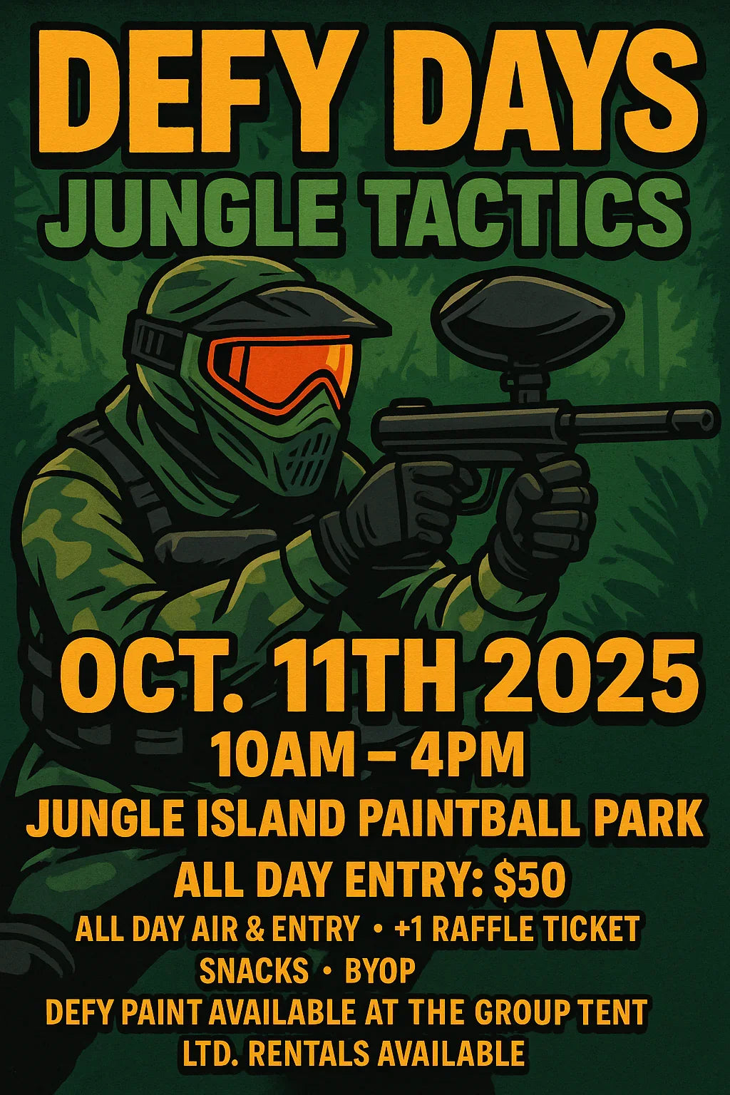 Defy Days Jungle Tactics paintball event poster – October 11, 2025 at Jungle Island Paintball Park in Orlando